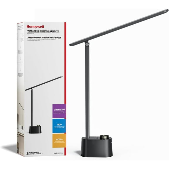 HONEYWELL Upgraded LED Desk Lamp - H01 Pro Sunturalux™ Foldable Desk Light with USB A+C Charging Ports, 3 Color Modes Dimmable Table Lamp for Home Office Reading(Black)