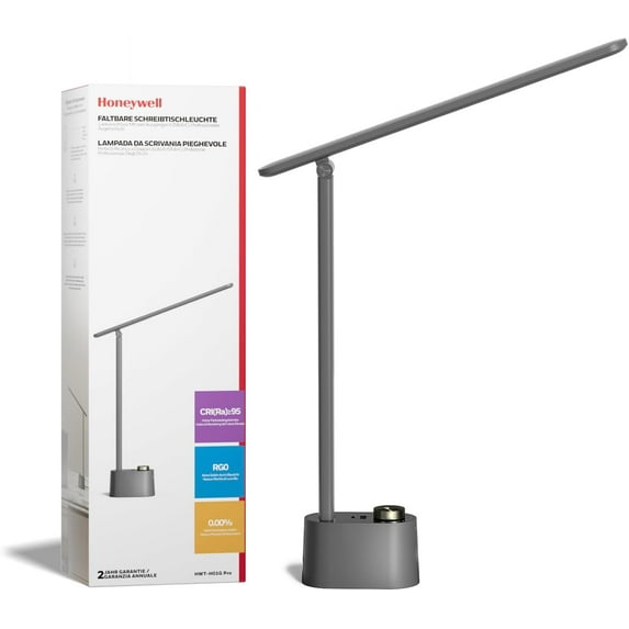 HONEYWELL Upgraded LED Desk Lamp - H01 Pro Sunturalux™ Foldable Desk Light with USB A+C Charging Ports, 3 Color Modes Dimmable Table Lamp for Home Office Reading(Grey)