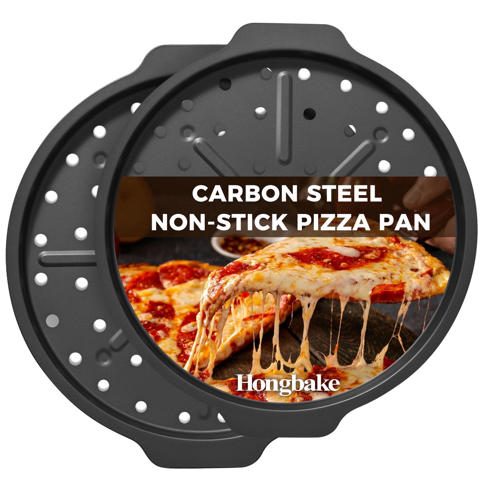 HONGBAKE 12 inch Pizza Pan with Holes, 2 Pack Non-Stick Pizza Pans for Baking, Carbon Steel Perforated Crispy Pizza Tray for Oven, Grey