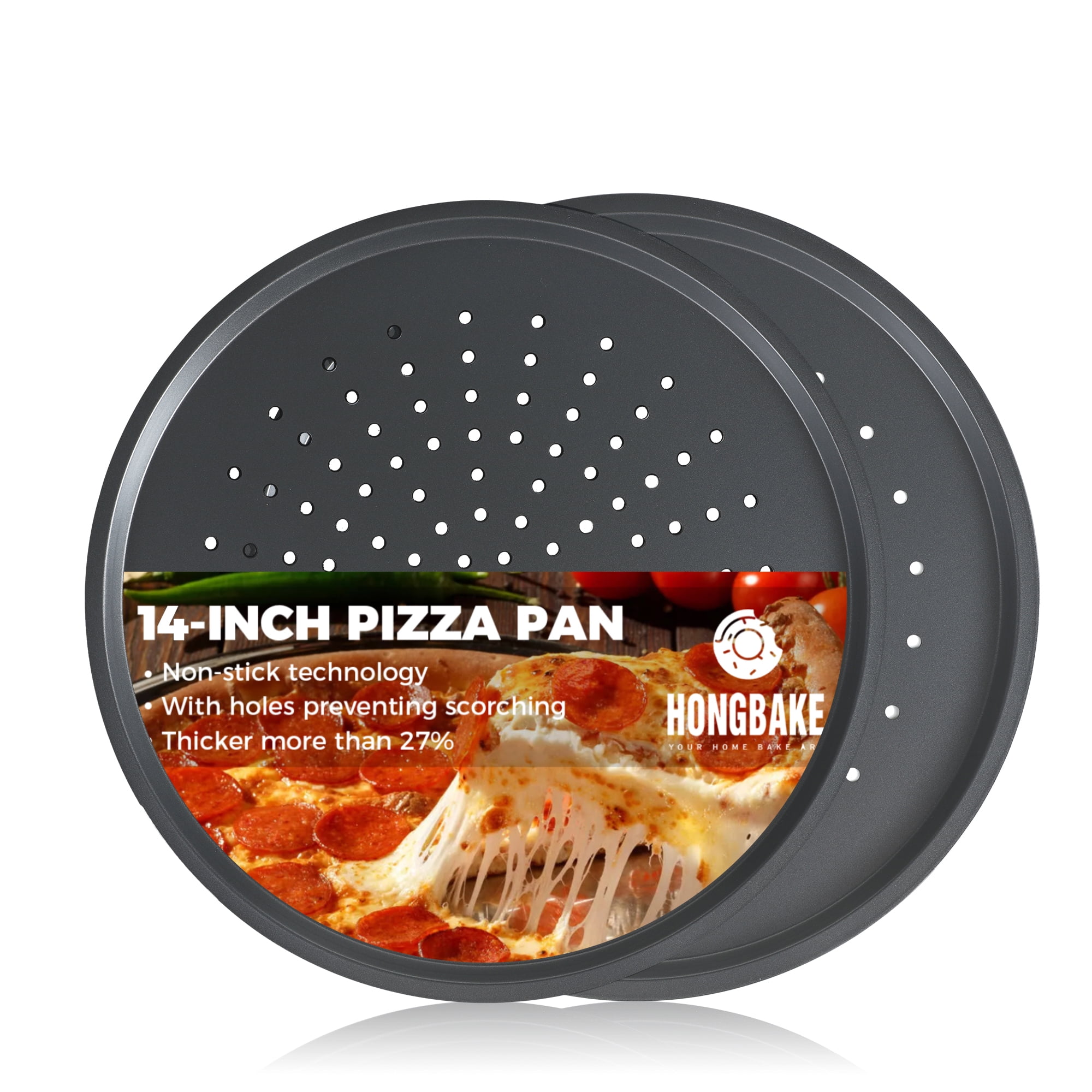 HONGBAKE 14 Inch Pizza Pan with Holes, 2 Pack NonStick Pizza Pan for Oven, Carbon Steel