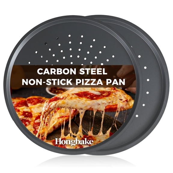 HONGBAKE 14 Inch Pizza Pan for Baking, 2 Pack Non-Stick Non-Stick Pizza Tray for Oven, Carbon Steel Perforated Crispy Pizza pan with Holes, Round Baking Pan for Frozen & Homemade Pizza, Grey