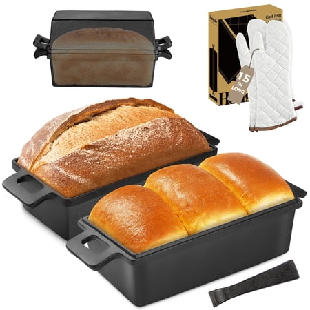 HONGBAKE 2 in 1 Cast Iron Bread Pan with oven mitts, Lid, Lid Lever, 9x5 Loaf Pans for Homemade Bread, Sourdough Baking Pan, Pre-Seasoned Nonstick Rectangular Dutch Oven, Banana Bread Tins, Black