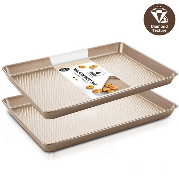 HONGBAKE Half Baking Sheet Pan with Diamond Texture, 2 Pack Non Stick Cookie Sheet for Baking , Heavy Duty Non Toxic Baking Pan for Oven, 17.6" x 12" Baking Trays, Gold