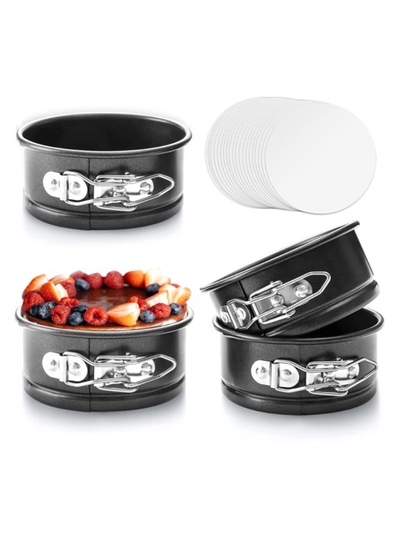 4 inch Springform Pans, Mini Cheesecake Pans with 100 Pcs Parchment Liners, Nonstick Round Cake Pan with Leakproof Removable Bottom, 4 Pcs -Grey