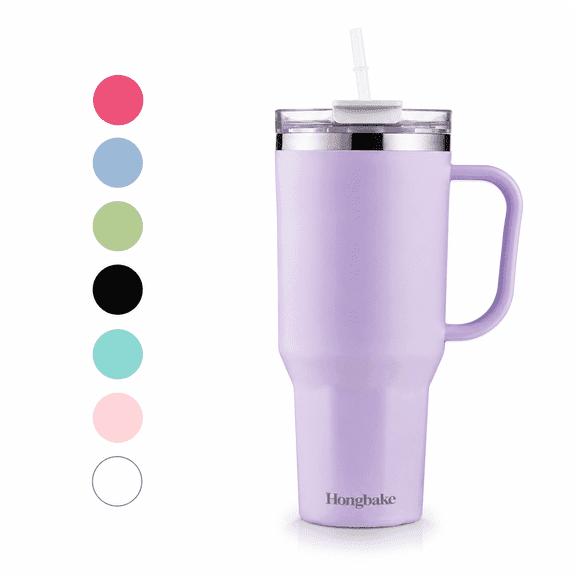 HONGBAKE 40 oz Tumbler with Handle and Straw Lid, Insulated Stainless Steel Tumbler, Travel Mug Fits Cup Holder, Dusty Lavender