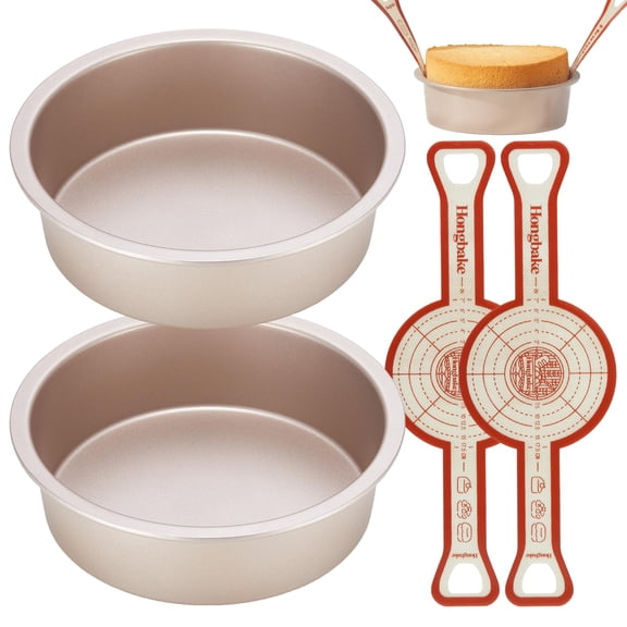 HONGBAKE 8 Inch Round Cake Pan Set for Baking with 2 Pcs Silicone Baking Sling Mats, Nonstick Circle Cake Pans Set of 2, 2.5" Deeper Layer Cake Tin for Oven, Cheesecake Mold, Huty Duty, Golden