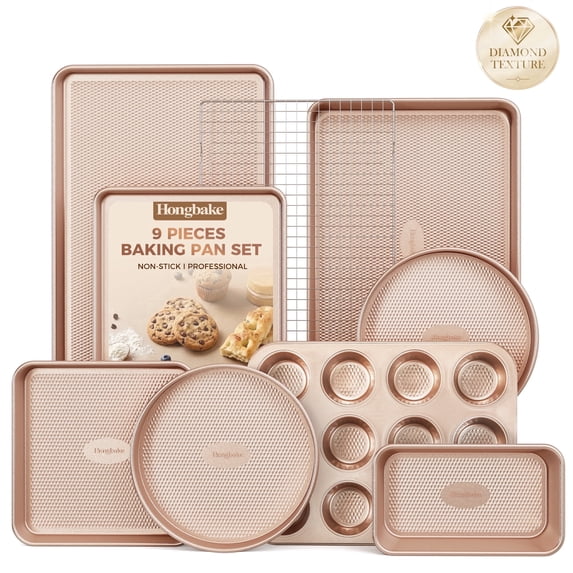 HONGBAKE 9-Piece Baking Pan Set, Nonstick Bakeware Set with Diamond Texture, Carbon Steel Baking Pans, Cookie Sheet with Rack, Muffin Pan, Gold