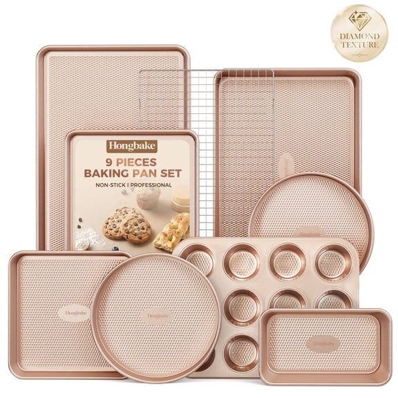 HONGBAKE 9-Piece Baking Pan Set, Nonstick Bakeware Set with Diamond Texture, Carbon Steel Baking Pans, Cookie Sheet with Rack, Muffin Pan, Gold