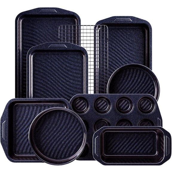 HONGBAKE 9-Piece Non Stick Bakeware Sets with Wave Texture for Reduced Grease, 0.8mm Thick Non Toxic Baking Pans Set, Includes Stackable Cookie Sheets for Oven Cooking, Shimmer Blue