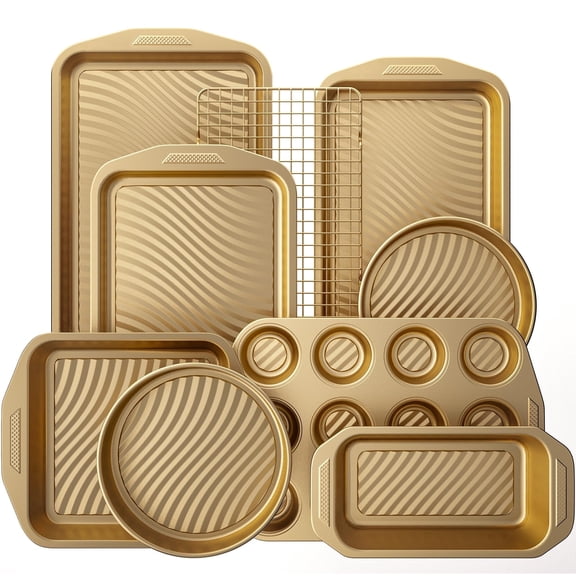 HONGBAKE 9-Piece Non Stick Bakeware Sets with Wave Texture for Reduced Grease, 0.8mm Thick Non Toxic Baking Pans Set, Includes Stackable Cookie Sheets for Oven, Gold