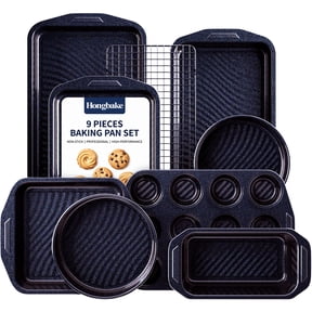 HONGBAKE 9-Piece Non Stick Bakeware Sets with Wave Texture, 0.8mm Thick Non Toxic Baking Pans Set, Includes Stackable Cookie Sheets for Oven Cooking, Shimmer Blue