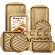 HONGBAKE 9-Piece Non Stick Bakeware Sets with Wave Texture for Reduced Grease, 0.8mm Thick Non Toxic Baking Pans Set, Includes Stackable Cookie Sheets for Oven, Gold