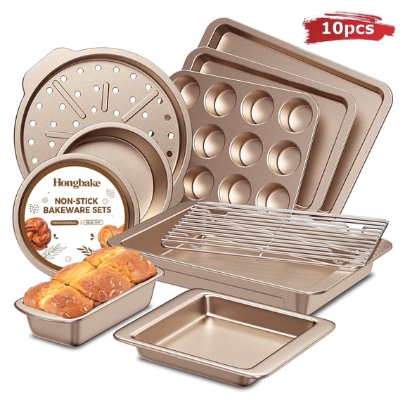 HONGBAKE 10-Piece Nonstick Carbon Steel Bakeware Set, Baking Pan Set with Baking Sheets, Cake Pans, Loaf Pan & Muffin Pan, Champagne Gold