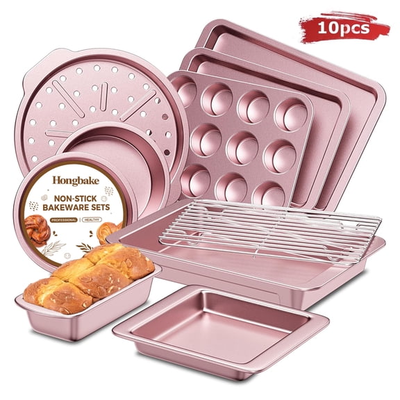 HONGBAKE Bakeware Sets, Baking Pans Set, Nonstick Oven Pan for Kitchen with Wider Grips, 10-Piece Including Rack, Cookie Sheet, Cake Pans, Loaf Pan, Muffin Pan, Pizza Pan - Pink