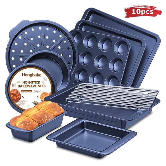 HONGBAKE 10-Piece Nonstick Carbon Steel Bakeware Set, Baking Sheet Set, Baking Pans, Cake & Loaf Pans, Muffin Pan, Champagne Blue