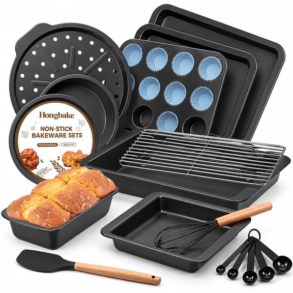 HONGBAKE 29-Pcs Nonstick Carbon Steel Bakeware Set, Baking Pan Set with Baking Sheets, Cake Pans, Loaf Pan & Muffin Pan, Grey