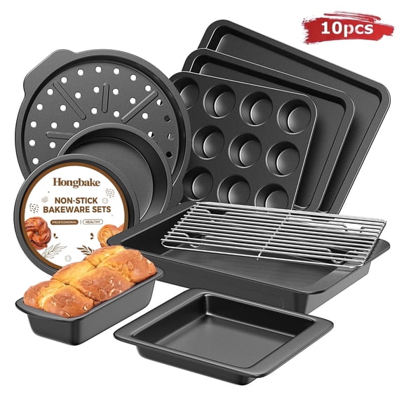 HONGBAKE 10-Piece Nonstick Carbon Steel Bakeware Set, Baking Pan Set with Baking Sheets, Cake Pans, Loaf Pan & Muffin Pan, Grey
