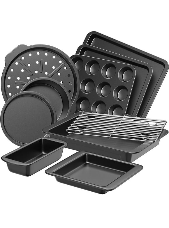 HONGBAKE Bakeware Sets, Baking Pans Set, Nonstick Oven Pan for Kitchen with Wider Grips, 10 Pieces Including Rack, Cookie Sheet, Cake Pans, Loaf Pan, Muffin Pan, Pizza Pan - Grey