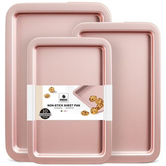 HONGBAKE Baking Sheet Pan, Cookie Sheet Pans for Baking, Cookie Sheets Nonstick Sets, Baking Trays for Oven, Baking Sheets for Oven with Wider Grips, Dishwasher Safe (3 Pack), Pink