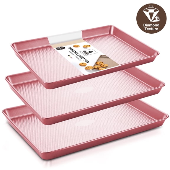 HONGBAKE Cookie Sheets Nonstick Sets, Baking Pan, Cookie Sheets for Baking with Diamond Texture Pattern, Heavy Duty Baking Sheet Pans for oven - Diamond Pink