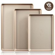HONGBAKE Baking Sheet Pan Set of 3, Cookie Sheets for Oven, Nonstick Half/Quarter/Jelly Roll Pans with Diamond Texture Pattern, 0.8mm Thick Heavy Duty Cookie Tray, Champagne Gold