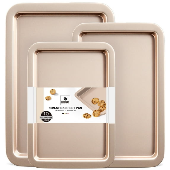 HONGBAKE Baking Sheet Pan, Cookie Sheet Pans for Baking, Cookie Sheets Nonstick Sets, Baking Trays for Oven, Baking Sheets for Oven with Wider Grips, Dishwasher Safe (3 Pack), Gold