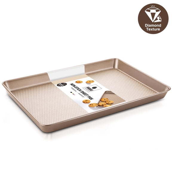 HONGBAKE Half Baking Sheet Pan with Diamond Texture, Non Stick Cookie Sheet for Baking , Heavy Duty Non Toxic Baking Pan for Oven, 17.6" x 12" Baking Trays, Gold