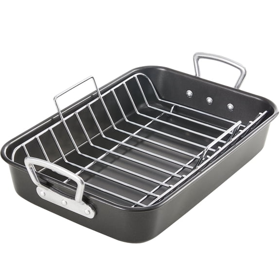 KITESSENSU Nonstick Roasting Pan with Rack 15" x 11", Turkey Roaster Pan for Ovens - Wider Handles & Heavy Duty Construction, Gray