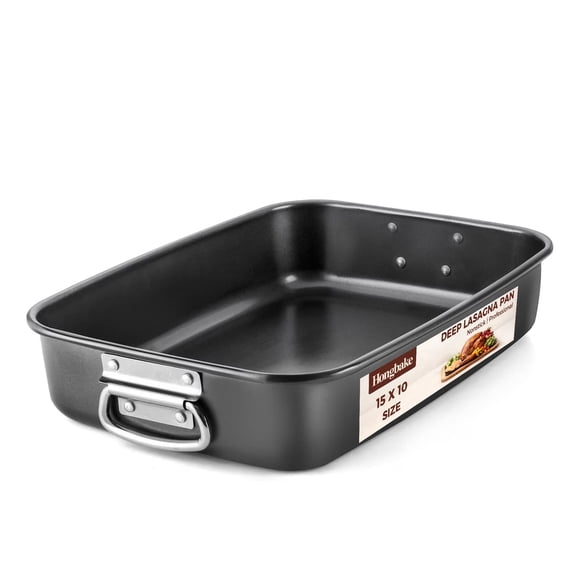 HONGBAKE 15x10 Baking Pan, 3 inch Deep Baking Pan for Oven, Nonstick Lasagna Pan, Roasting Pan with Stainless Steel Handles, Carbon Steel, Dark Grey