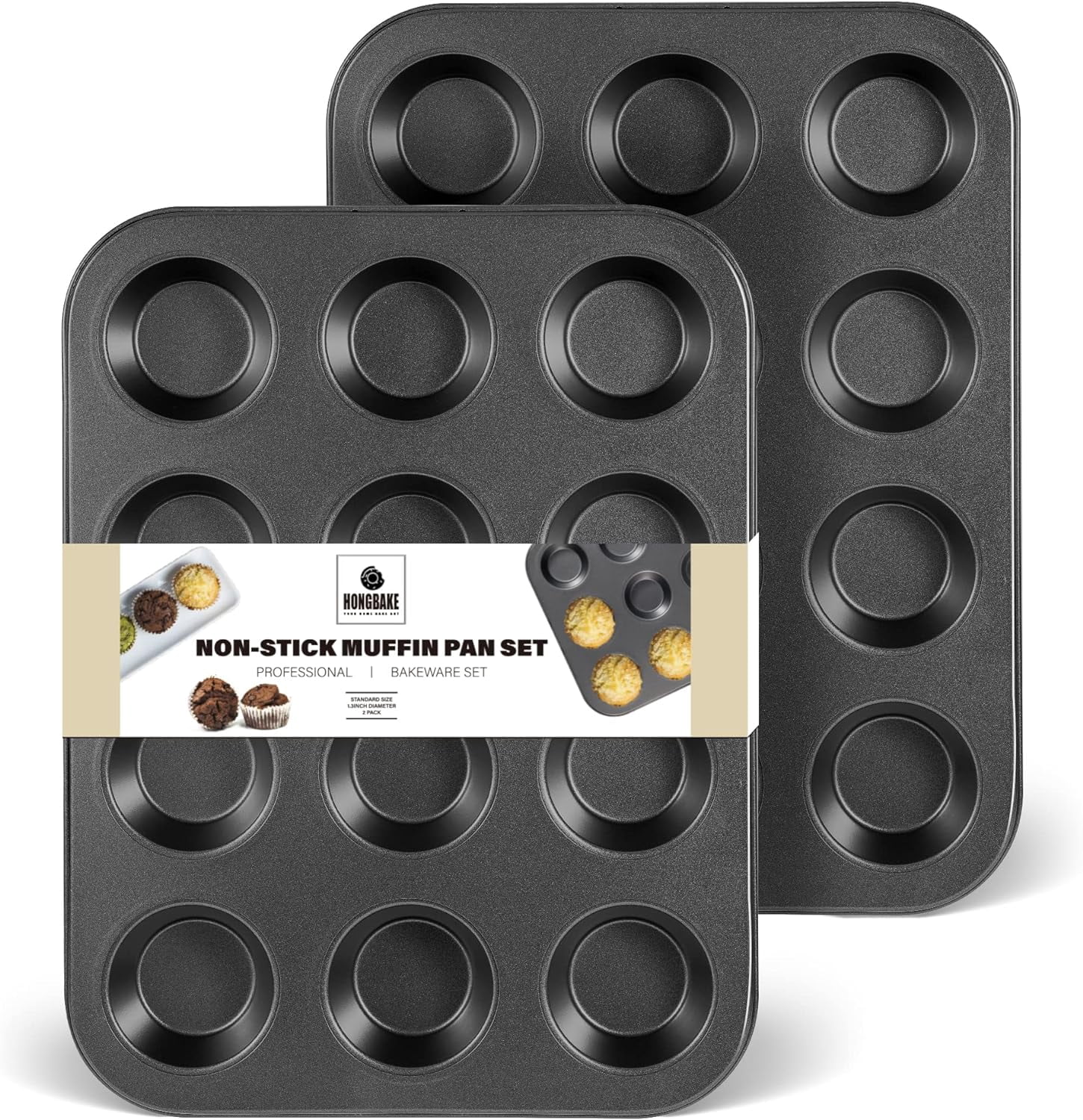 HONGBAKE Nonstick Muffin Pan 12-Cup, 2 Pack Carbon Steel Cupcake Pan, 2.75" Diameter Cup Muffin Tins for Baking