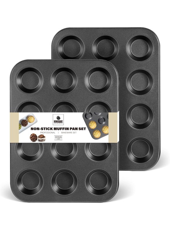 HONGBAKE Muffin Pan for Baking, Nonstick Cupcake Tin 12 Cup, 2 Pack Cup Cake Tray, Premium & Dishwasher Safe - Dark Grey