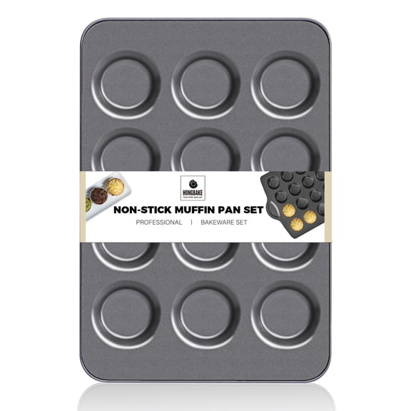 HONGBAKE Muffin Top Pan Nonstick, Non Toxic Mini Whoopie Pie Pan for Baking, 12 Cavity Heavy Duty Yorkshire Pudding Pan for Oven, Dishwasher Safe and Easy to Clean