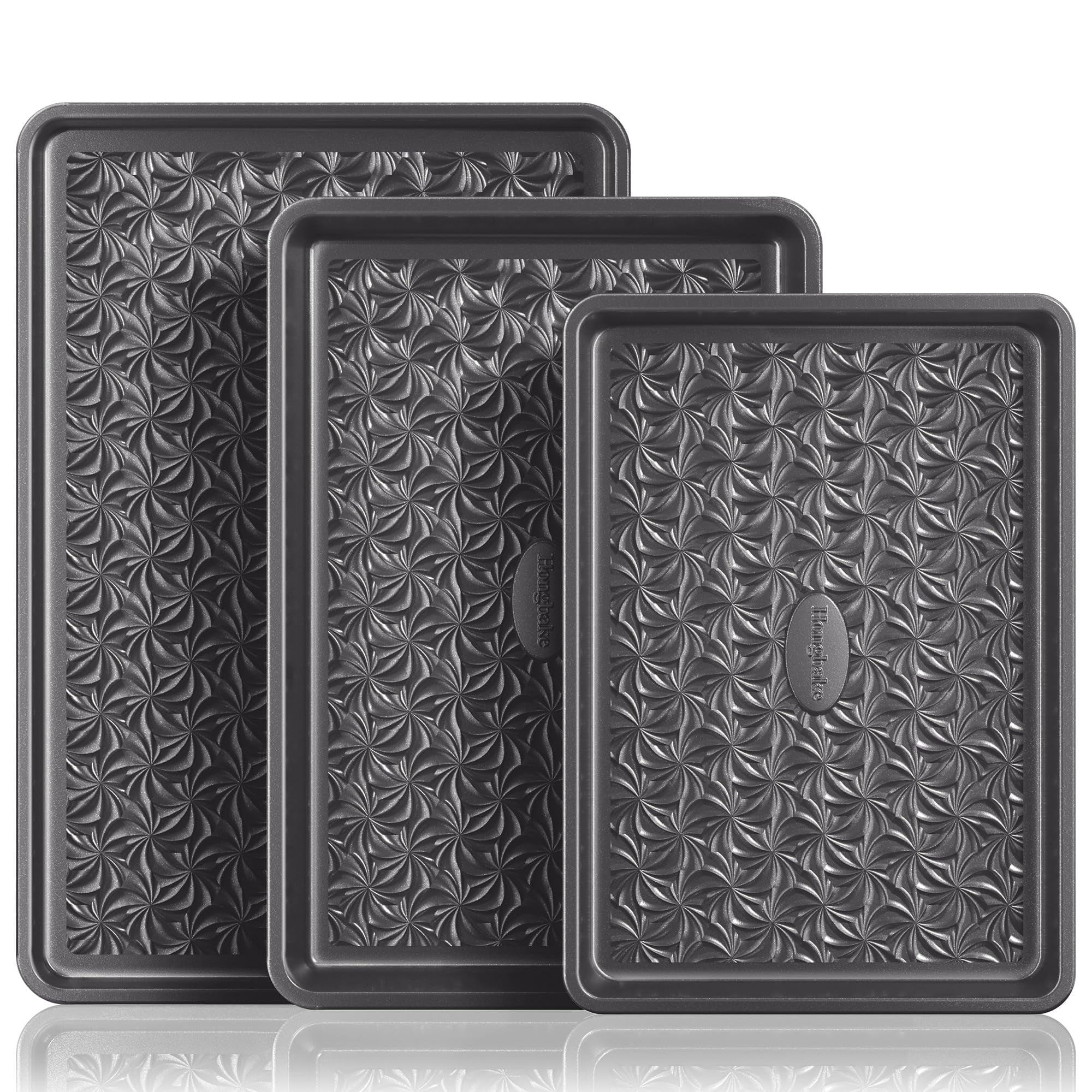 HONGBAKE Nonstick Baking Sheet Pan Set of 3, Cookie Sheets for Baking, Half Sheet, Quarter Sheet & Jelly Roll Pan Set, Heavy Duty Carbon Steel Bakeware, Dark Gray