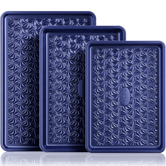 HONGBAKE Nonstick Baking Sheet Pan Set of 3, Cookie Sheets for Oven, Non-Toxic Half/Quarter/Jelly Roll Pans with Floral Swirl Texture, Heavy Duty 0.8mm Thick Oven Trays for Cooking, Blue