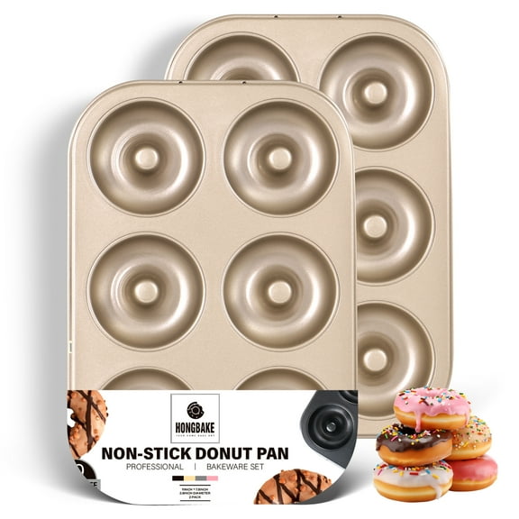HONGBAKE Nonstick Donut Pans For Baked Doughnuts, 2-Pack 6 Cavity Upgraded Deepened Doughnut Pan, Heavy Duty Mini Bagel Pan for Oven - Bronze Gold