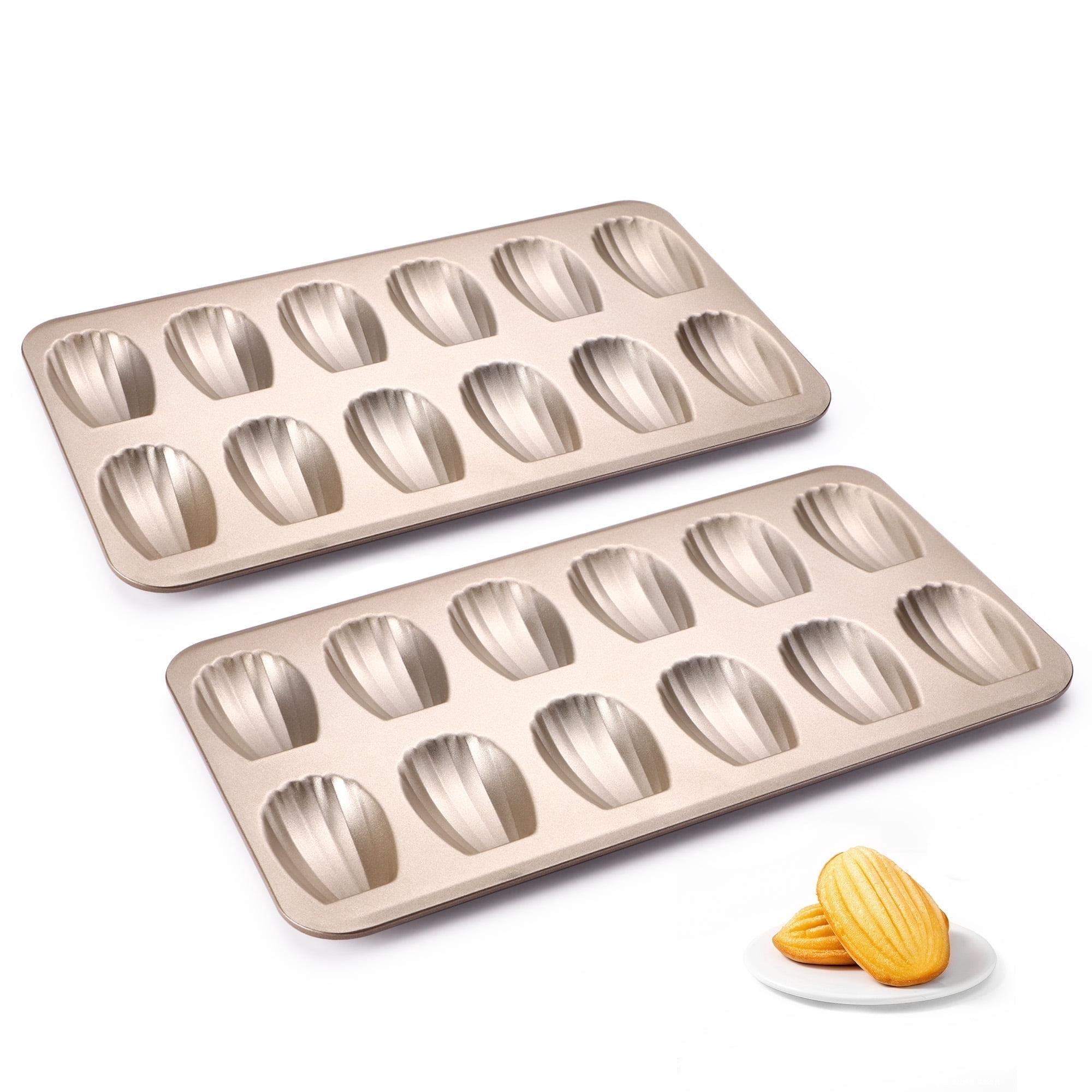 HONGBAKE Nonstick Madeleine Pan for Baking, 2 Pack 12-Cavity Shell Shape Madeleine Cooking Pan, Heavy Duty Carbon Steel Madeleine Mold, Champagne Gold