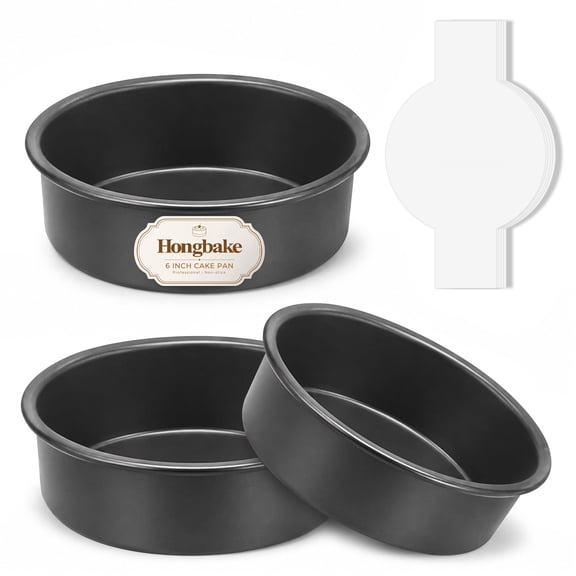 HONGBAKE 6 Inch Round Cake Pans2.5 Deep Nonstick Circle Cake Tins of 3,Heavy-Duty Cake Mold with Healthy Parchment Paper, Dishwasher Safe -Grey