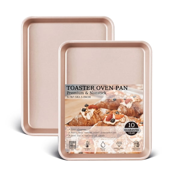HONGBAKE 2 Pack 9.7"X7.6" Small Cookie Sheet, 57% Thicker Nonstick 1/8 Toaster Oven Pans, Heavy Duty Cookie Sheet Pan Set, Baking Sheet, Rose Gold