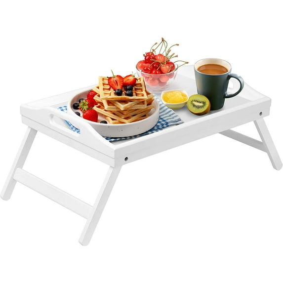 HONGFENGDZ Bamboo White Bed Tray with Folding Legs,Portable Lap Desk Wooden Serving Dinner Tea TV Tray(small)