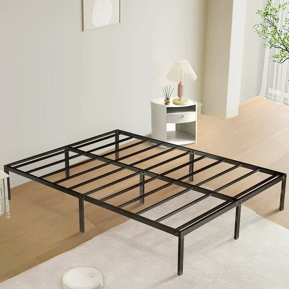 HONGGE 14in Full Size Bed Frame Metal Platform with Steel Slats Support for Adult, Black