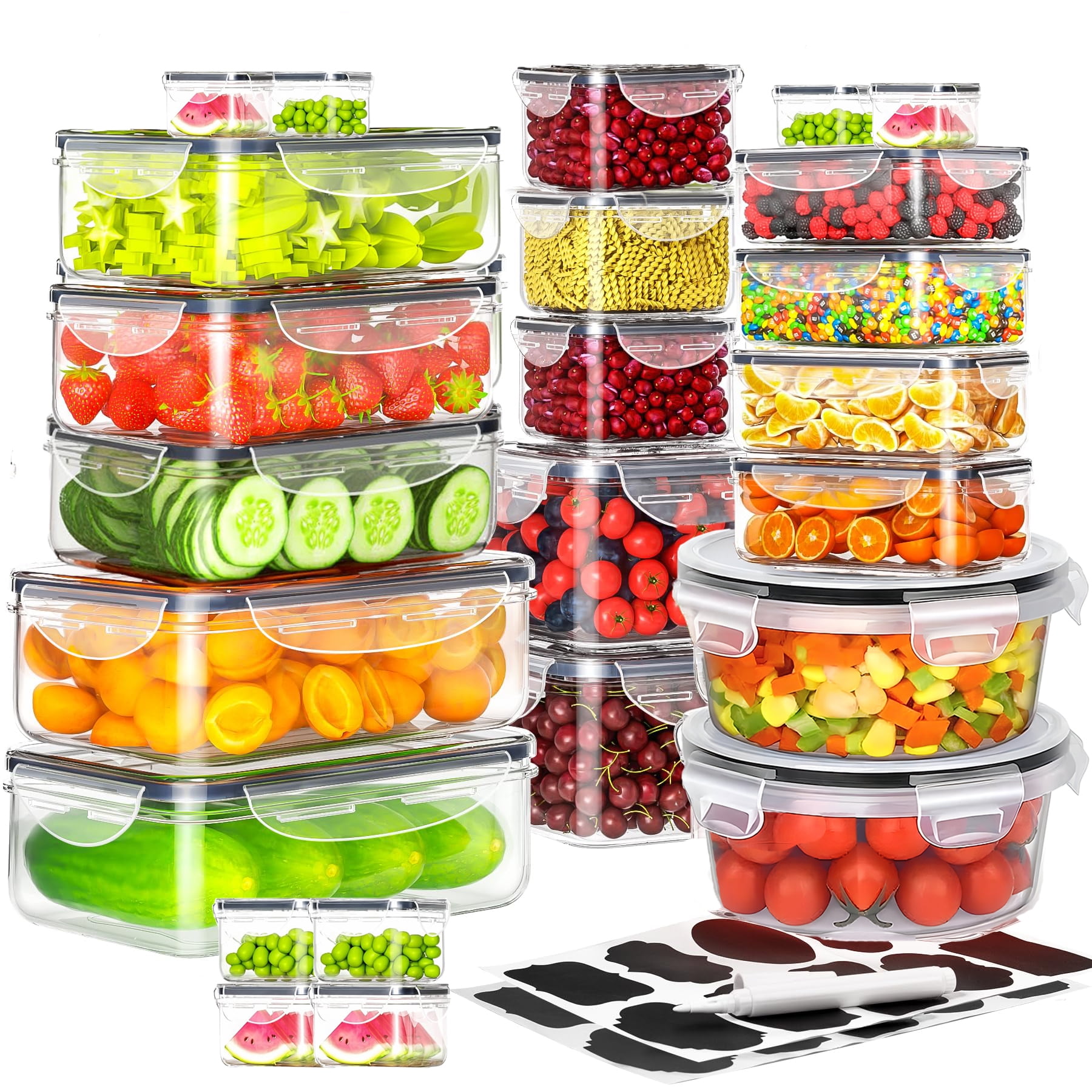 HONGGE 24 Pcs Airtight Food Storage Container Set - BPA Free Clear Plastic Kitchen and Pantry Organization Meal Prep Lunch Container with Marker & Labels