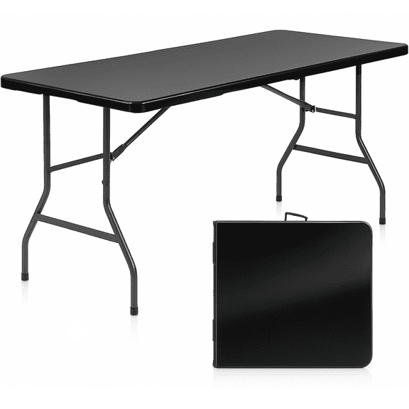 HONGGE 5 ft Folding Table with Carry Handle Plastic Foldable Table for Indoor Outdoor Use, Picnics, Parties, BBQs - Black