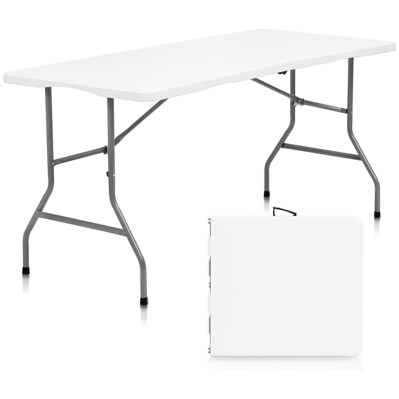 HONGGE 5 ft Folding Table with Carry Handle Plastic Foldable Table for Indoor Outdoor Use, Picnics, Parties, BBQs - White