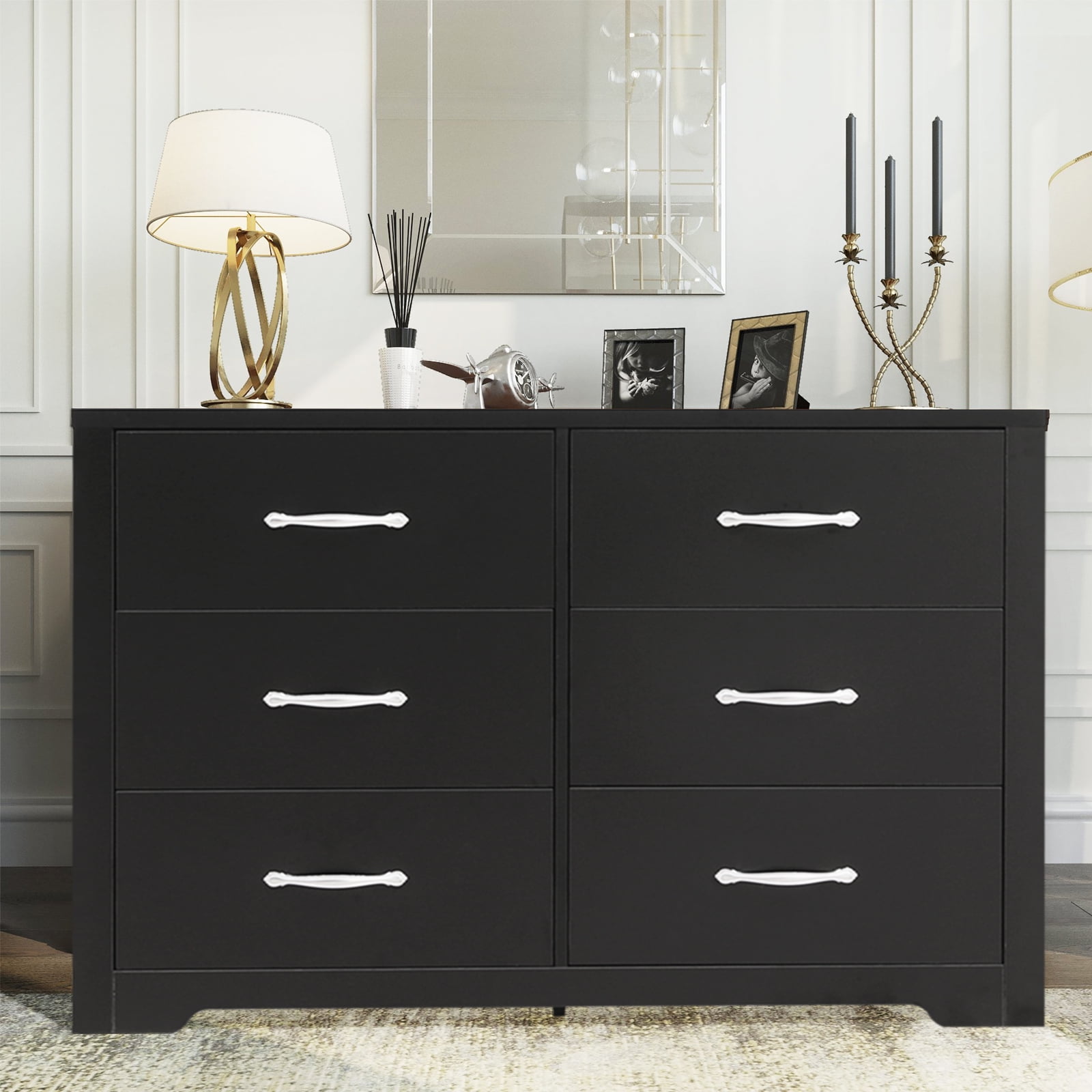 Black 6-Drawer Double Dresser with Metal Handles