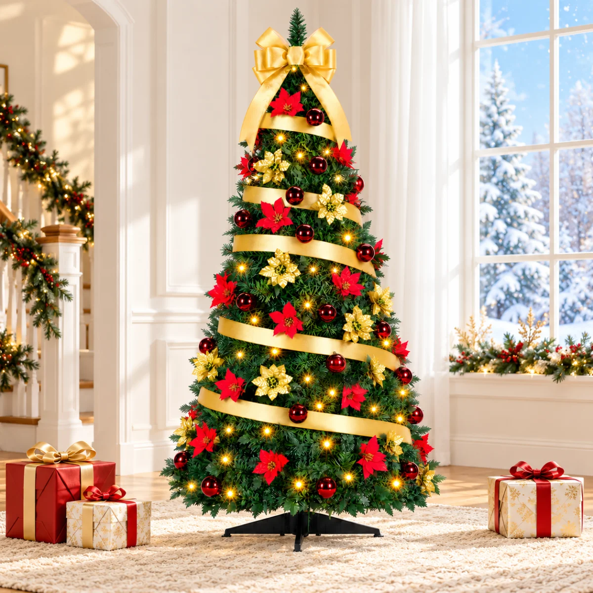 SUGIFT 6ft Pop-Up Pencil Christmas Tree, 200 LED Lights, 8 Modes, 100 Ornaments, Gold Bow, Easy Setup