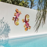 HONGLAND Metal Outdoor Wall Decor 2Pcs Gecko Wall Decoration Lizard Metal Hanging Wall Art Glass Sculpture for Garden Yard Patio Fence (Red)