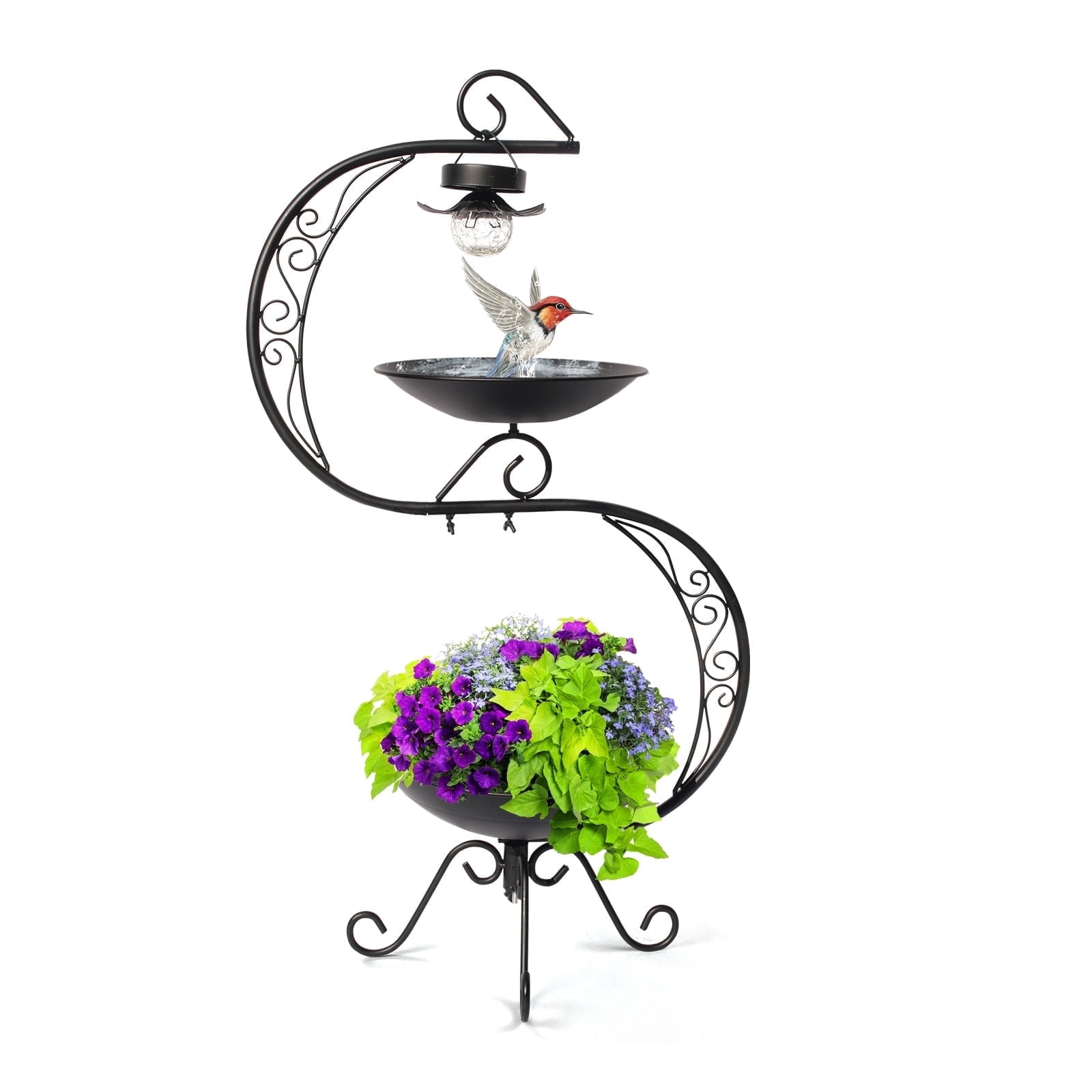 HONGLAND 36" Vintage Cast Iron Bird Bath with Solar Lights & Feeder, Weather-Resistant Outdoor Garden Decor for Hummingbirds