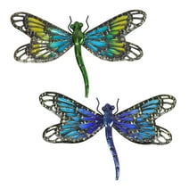 HONGLAND Dragonfly Garden Decor- Blue&Green Metal Dragonfly Wall Decor for Fence,Balcony-2 Pack