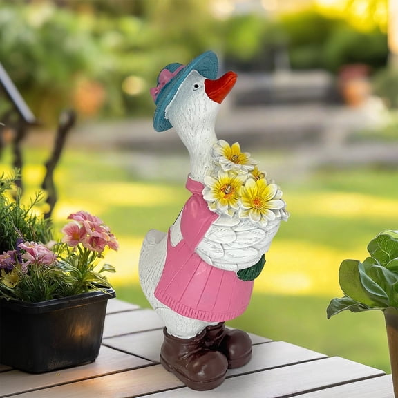 HONGLAND Hand-Painted Resin Gardener Duck Statues, 6x4x12in Weather-Resistant Outdoor Decor