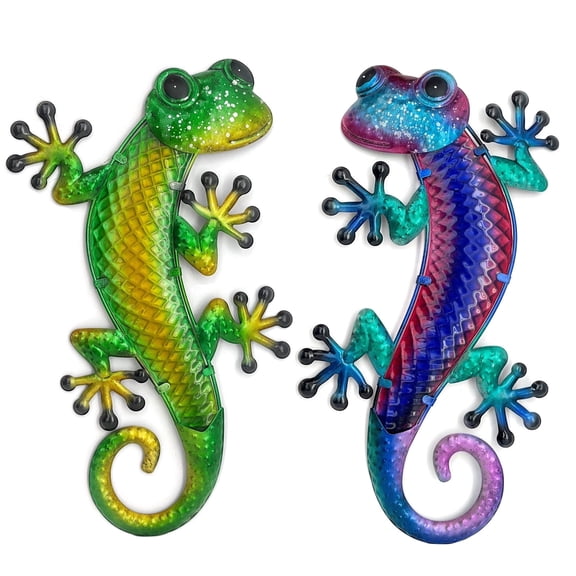 HONGLAND Lizard Metal Wall Art-15 inch Gecko Wall Decor Hanging Glass Sculpture, 2 Pack Yard Decorations Outdoor for Garden Fence Home
